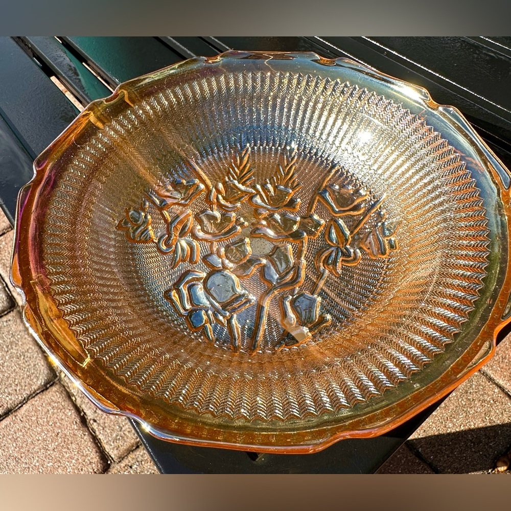 Carnival Glass Iris and Herringbone Soup Bowl Marigold 8”